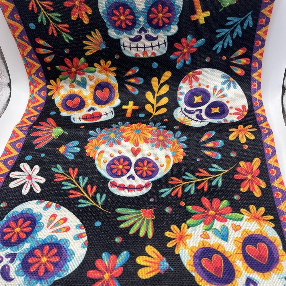 Halloween Day Of The Dead Sugar Skulls Table Runner 70x12.5" Black Colorful